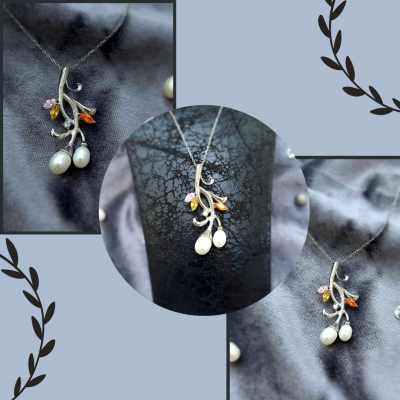 Gümüş İncili Yaprak Model Kolye